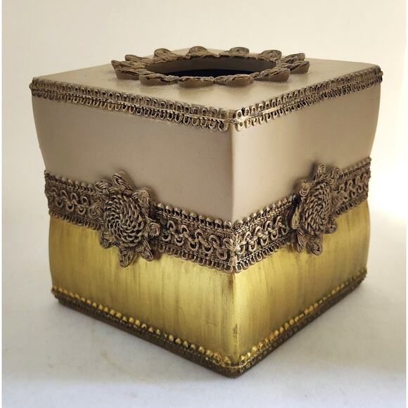 TISSUE BOX HOLDER-AVANTI LINENS-Gold-Heavy Resin-Rope Design-Gold-Tan-Square - Picture 1 of 8